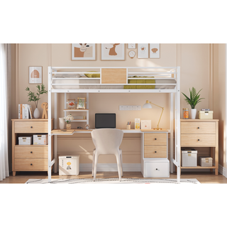Sunvega Twin Metal Loft Bed with Desk and Shelve in Clean White Finish