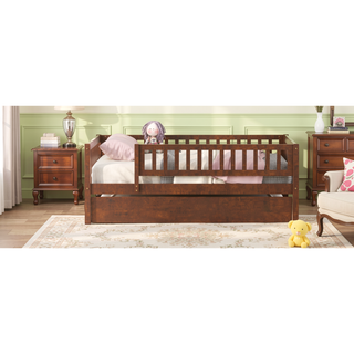 Sunvega Natural Twin Size Wood Daybed with Trundle and Fence Guardrails