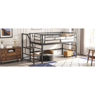 Sunvega Twin White Mid Loft Bed with Integrated Storage Stairs and Metal Frame