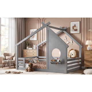 Sunvega White Twin House Floor Bed with Window and Shelf for Kids Room