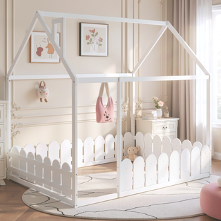 Sunvega Full Size Wood Playhouse Bed Frame with Fence for Kids and Teens