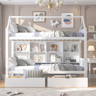 Sunvega White Twin Size Wooden House Bed with 2 Storage Drawers and Shelf