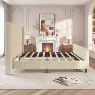 Sunvega Cream Queen Size Corduroy Upholstered Bed Frame with Winged Headboard