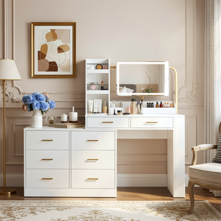 Sunvega Modern White 8-Drawer Dresser with Golden Handles for Bedroom Storage