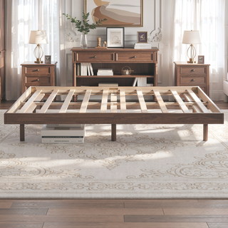 Sunvega Modern Floating Platform Bed Frame in Walnut with Sturdy Wood Construction