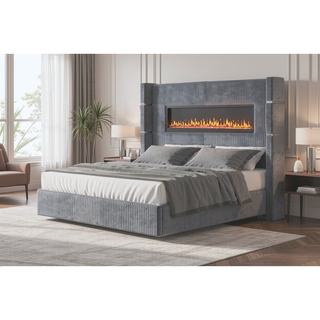 Sunvega King Size Upholstered Wooden Bed with Bluetooth Speakers and USB Ports