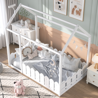 Sunvega Twin Size House Bed Frame with Fence and Roof for Kids and Teens