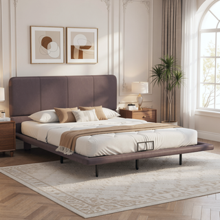 Sunvega Floating Bed Frame with Modern PU Leather Upholstery and Remote LED Lights Queen Size