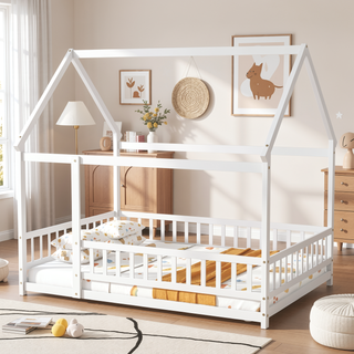 Sunvega Natural Wood House Roof Frame Floor Bed with Safety Guardrails
