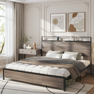 Sunvega Modern Wood and Metal Platform Bed Frame with LED Headboard USB Charging