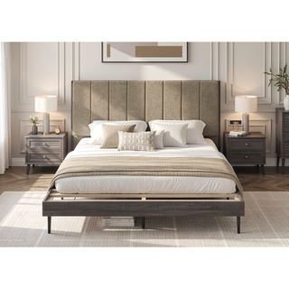 Sunvega Valdemar Brown Fabric and Weathered Gray Finish Queen Size Bed