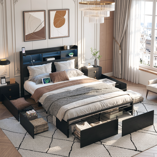 Sunvega Queen Storage Bed Frame with Headboard Charging Station and 4 Drawers