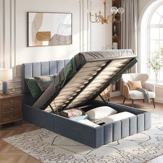 Sunvega Upholstered Platform Bed with Hydraulic Storage System in White Linen