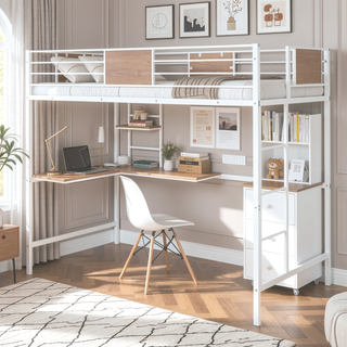 Sunvega Twin Metal Loft Bed with Desk and Shelve in Clean White Finish