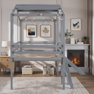 Sunvega Twin Size Loft Bed with Ladder Slide Blackboard and Light Strip