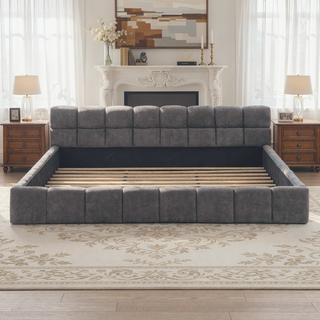 Sunvega Elegant Soft Chenille Upholstered Bed with Checkerboard Headboard in Grey