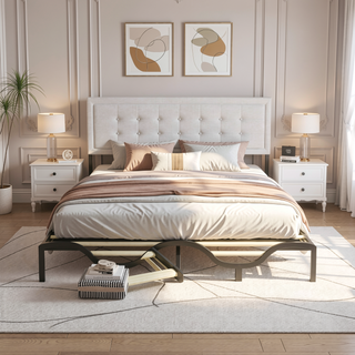 Sunvega Upholstered Queen Platform Bed Frame with Tufted Headboard and Wooden Slats