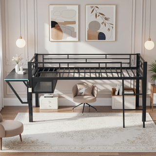 Sunvega Gaming Mid Loft Bed with Desk, LED Lights, Twin Size in Black