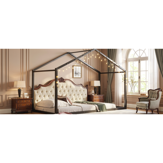 Sunvega Twin Size Black Metal House Bed Frame with Shelves and LED Lights