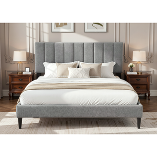 Sunvega Queen Upholstered Pleated Bed in a Box with Sturdy Dark Brown Frame