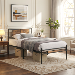 Sunvega Twin Size Metal Bed Frame with Wood Panel Headboard and Under Storage