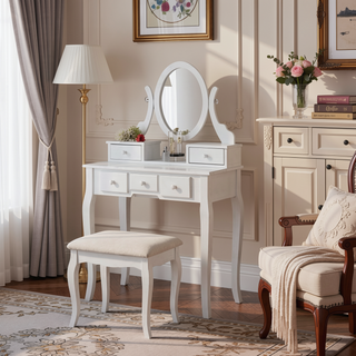 Sunvega Adjustable Oval Wooden Frame Vanity Table with Mirror and Stool