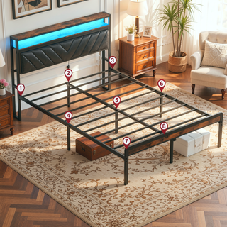 Sunvega Queen Size Metal Platform Bed Frame with Adjustable Upholstered Headboard and LED Lights