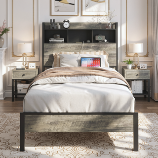 Sunvega Sturdy Single Bed Frame with Headboard Storage and Charging Station
