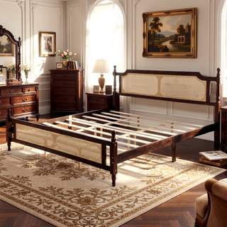 Sunvega King Pine Wooden Bed with Rattan Headboard and Footboard, Walnut