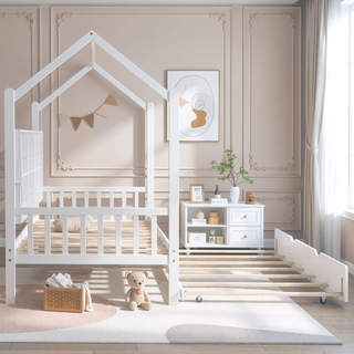 Sunvega Wooden Twin Size House Bed with Trundle and Playhouse Design Shelf