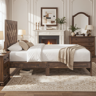 Sunvega Natural Finish Full Bed with Headboard Footboard and Rails