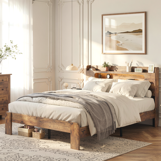 Sunvega Queen Wood Platform Bed Frame with Storage Headboard and 2 USB Ports