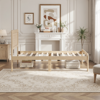 Sunvega Contemporary Natural Finish Full Size Platform Bed Frame with Headboard