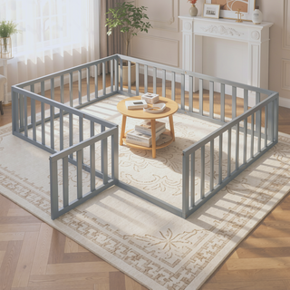 Sunvega Twin Size Wood Floor Bed Frame with Fence and Door in Walnut Finish