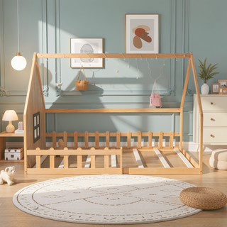 Sunvega Full Size Wood House Bed with Fence Window and LED Lights