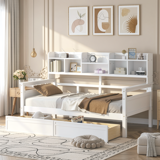 Sunvega Twin Size Daybed with Wood Slat Support, Bedside Shelf, and Two Drawers