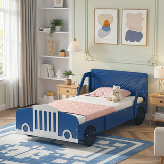 Sunvega Blue Twin Size Car-Shaped Platform Bed with Wheels for Kids