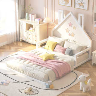 Sunvega Natural Wood Floor Bed with House-Shaped Headboard for Kids Room
