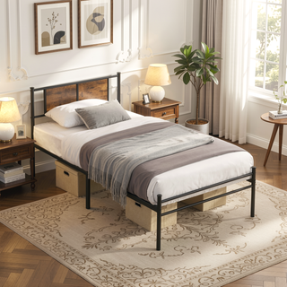 Sunvega King Size Metal Bedframe with Wood Panel Headboard and Under Storage