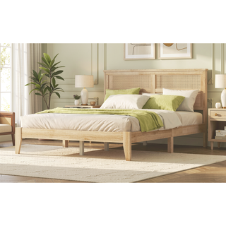 Sunvega Full Size Bed with Rattan Headboard Two Storage Drawers and Enhanced Support Slats