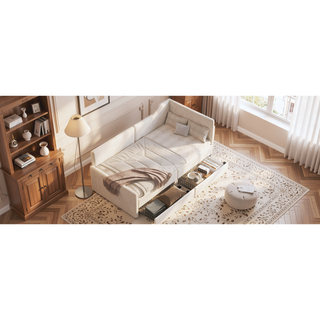 Sunvega L-Shaped Semi-Enclosed Upholstered Corduroy Daybed Frame with 2 Storage Drawers