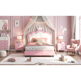Sunvega Cream Pink Full Size Princess Bed with Crown Headboard and Footboard