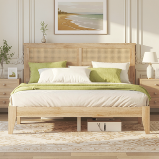 Sunvega Full Size Bed with Rattan Headboard Two Storage Drawers and Enhanced Support Slats