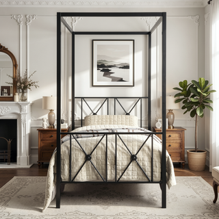 Sunvega Black Finish Twin Platform Bed Canopy Metal Frame Modern Traditional