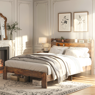 Sunvega Queen Wood Platform Bed Frame with Storage Headboard and 2 USB Ports