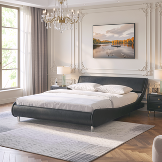 Sunvega Faux Leather Upholstered Queen Size Platform Bed Frame with RGB LED Lighting