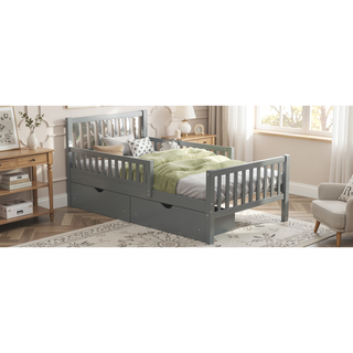 Sunvega Twin Size Walnut Wood Platform Bed with Guardrails and Two Storage Drawers