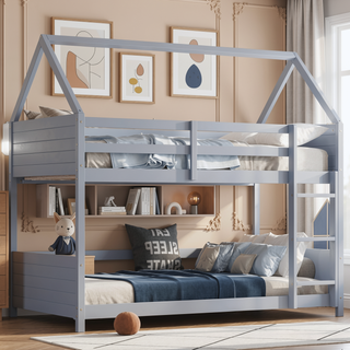 Sunvega Twin Over Twin House Floor Bunk Bed with Headboards Footboards Guardrails and Ladder