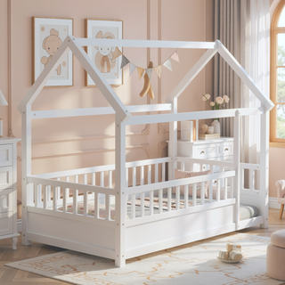 Sunvega Twin Size Floor Wooden Bed with House Roof Frame and Fence Guardrails