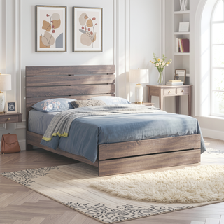 Sunvega Barrel Oak Slatted Headboard Queen Panel Bed with Matching Footboard